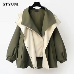 Green Colour Block Asymmetric Long Sleeve Cotton Outercoat Womens Jacket Trench Coat Korean Fashion Jackets For Women Winter 240123