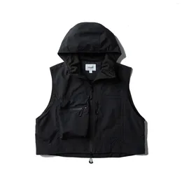 Men's Vests Mens Cargo Vest Functional Waterproof Loose Fitting Short Coats Outdoor Folding Hooded Jacket Cityboy Japan Streetwear Clothing