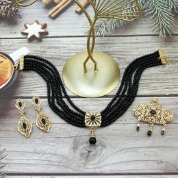 Neovisson Morocco Women Jewelry Set Exquisite Gold Color Bride Choker Necklace Flower Brooch Earring Hand Rope Belt Gift 240127