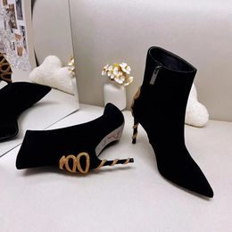 2024 Rene caovilla Margot Stivaletti impreziositi in pelle scamosciata Snake Strass stiletto Tacco laterale Zip punta a punta Stivaletti con tacco a spillo Designer di lusso da sera da donna