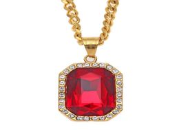 Trendy Bling Ruby Pendant Mens Necklace Stainless Steel Gold Plated Hip Hop Cuban Chain Necklaces Pendants Men Hiphop Jewellery NL7310966