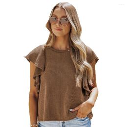 Women's T Shirts Brown Knitted Ruffled Short Sleeve T-Shirt Summer Round Neck Pullover Top 25118299