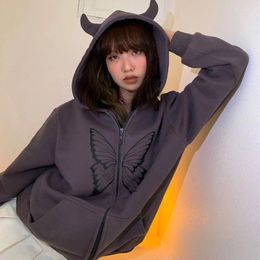 Women's Hoodies Devil Gothic Punk Women Hooded Zipper Harajuku Sweatshirt Streetwear Butterfly Graphics Vintage Y2K Loose Casual Jacket