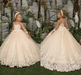 Chapagne Tulle Flower Girl Dresses For Wedding Party Lace Appliqued Toddler Kids First Communion Gowns With Beaded Long Sleeves Little Girl's Pageant Dress CL3301