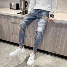 Men's Jeans Male Cowboy Pants Tight Elastic Pipe Stretch Trousers Patch Slim Fit For Men Cropped Skinny Harajuku Casual Y2k Vintage Xs