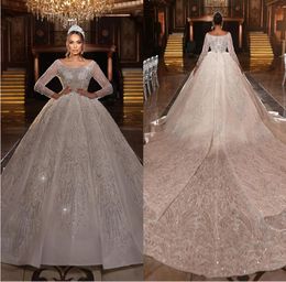 Gorgeous Ball Gown Wedding Dresses Scoop Neck Long Sleeves Bridal Gowns Sequins Beads Court Train Princess Marriage Gowns Custom Made