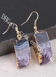 10Pairs Rectangular Drop Amethyst Stalactite Slice Earrings Raw Crystal Geode Stone Earrings Gold Plated Purple Druzy Drusy Earrin1763569