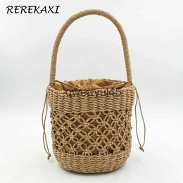 Shoulder Bags ollow Women andbag Summer Woven Bucket Beac Bag andmade Female Straw Boemian Tote Kniing Top-andle Mes BasketH24218