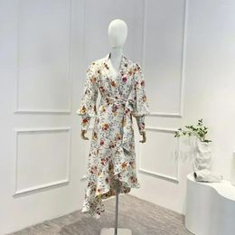 Casual Dresses 2024 Spring Top Quality Floral Printing Elegant Self Tie Wrap Frill Ruffle Midi Dress Women