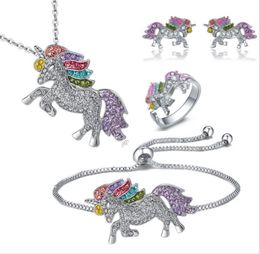 New Fashion High Quality Children Unicorn Adjustable Bracelet Necklace Ring Earrings Set Jewelry Lucky Baby Jewelry Set Gift1960269