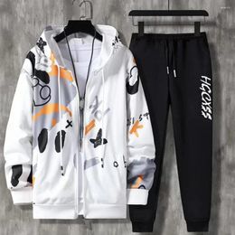 Men's Tracksuits 2 Pcs/Set Men Hooded Coat Pants Suit Letter Print Drawstring Zipper Closure Sportswear Set Hip Hop Ankle-banded Tracksuit