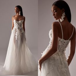 Elegant Wedding Dresses 3D-Floral Appliques Bridal Gowns Spaghetti Straps See Through Lace Up Bride Dresses Custom Made Plus Size