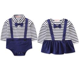 Baby Boy Girl Clothes Gentleman Boys Long Sleeve Bow Tie Stripe Romper Brother and Sister Jumpsuit Toddler Girls Clothing 024M3384068