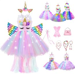 Girl Unicorn Dresses for Girls Tutu Princess Party with LED Lights Flower Birthday Cosplay Costume Clothing 240126