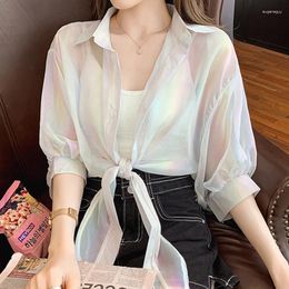 Women's Blouses Buttoned Up Shirts Women Half Sleeve Shining Sparkles Tied Waist Sexy Chiffon For 2024 Summer Autumn