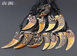Jewelry Whole Mixed 12pcs Faux Yak Bone Carving Dragon Totem TigerElephantWolf Teeth Pendant Necklace Animal Tooth Amulet Gi6689462