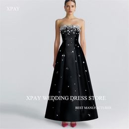 XPAY Sparkly Stones Black Evening Dresses Dubai Arabic Women Strapless Satin Ankle Length Prom Formal Gowns Special Ocn 240124