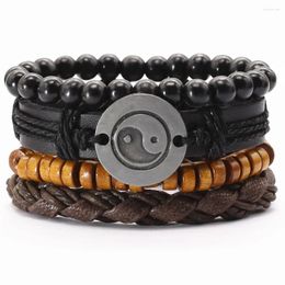 Charm Bracelets Taichi Ethnic Handmade Khaki Punk 4 Pcs/set Vintage Wood Beads Leather Men Women Homme Jewellery