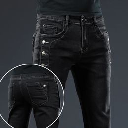 Men Slim Button Black Skinny Jeans Solid Colour Stretch Skateboard Multi-button Youth Male Denim Pants 240125
