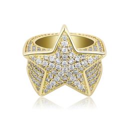 Iced out Bow Five pointed star ring micro zircon for men hip hop bling diamond ring gold silver wedding Ring4137395