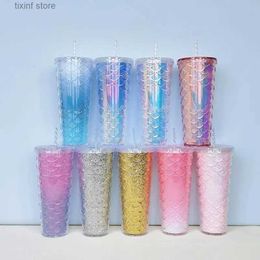 Tumblers New Fashionable Fish Scale Cup Double Layer Heat Insulation Plastic Straw Cup Drinking Net Red Type Drinking Cup Coffee Cup T240218