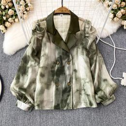 Women's Blouses VANOVICH Temperament Design Lantern Sleeve PU Patchwork Single-breasted Tie-dyed Printed Shirts Casual Autumn Loose Shirt