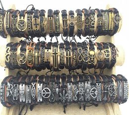 50csLots Mix Styles Metal Leather Cuff Bangle Bracelets For Men Women Wrist Jewelry Size adjustable9175288