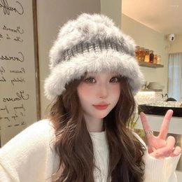 Berets Women Winter Hat Knitted Fluffy Faux Fur High Elasticity Windproof Heat Retention Ear Protection Fisherman Lady Outdoor Cap