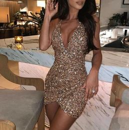 Casual Dresses Sexy Women Sequins Glitter Sparkle Deep V Neck Halter Backless Bodycon Short Mini Dress Evening Party Wrap Hip Pack4108976