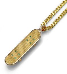 Skateboard Mens Pendant Necklace Gold Plated Copper Inlaid Zircon Skateboard Pendant 60cm Stainless Steel Chain Hip Hop Jewelry3614311