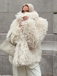 Women Fashion Warm Faux Fur Coat Winter Turn-down Collar Long Sleeves Loose Jacket Chic High Street Female Thick Outwear 240202