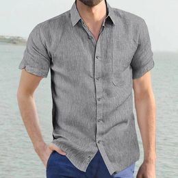 Men's Casual Shirts Summer Short Sleeve Shirt Mens Solid Colour Turn Down Collar Single Breasted Loose Beach Style Hawaiian Male