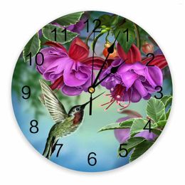 Wall Clocks Flower Hummingbird Decorative Round Clock Arabic Numerals Design Non Ticking Large For Bedrooms Bathroom