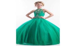 2019 Sparkly Emerald Green Girls Pageant Dresses High Neck Tulle Luxury Beaded Crystals Floor Length Flower Girls Dresses7662914