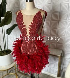 Sparkly Red Short Prom Homecoming Dresses for Black Girl Luxury Diamond Crystal Feather Birthday Cocktail Gown vestidos de noche