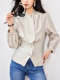 Women's Blouses QOERLIN Gilt Series Retro 2024 Loose Stand Collar Slim Waist Shirts Female Bishop Sleeve Blouse Long Elegant