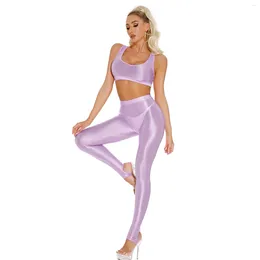 Stage Wear Womens Gymnastics Yoga Sportswear Glossy Sleeveless U Neck Crop Tank Top With High Waist Leggings Gym Fitness Training Tracksuit