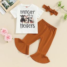 Clothing Sets Kids Girls Summer Outfits Cow Print Short Sleeve T-Shirt And Flare Pants Headbands Set 3 Piece Clothes