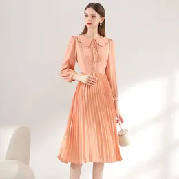 Casual Dresses 2024 Koreon Fashion Women Chiffon Long Dress Autumn Thin Sleeve Tunics High Waist Bandage Sweet Midi Robe V402