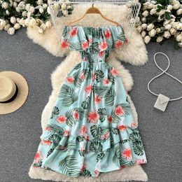 Party Dresses Ethnic Ruffled One-Shoulder Beach Dress Holiday Lady Floral Midi Women Clothing Summer Leaf Print Vestidos