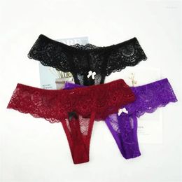 Women's Panties 3Pcs Sexy Lace Hollow Women Underwear Bowknot Perspectiveal Thong Temptation Ladies T-back Panty Low Rise Breathable