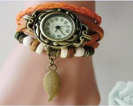 Retro Quartz Bracelets Watches Leaf Pendant PU Leather Strap Wrist Watch Bangle Vintage Weave Wrap Wristwatch Teenager Girls Knit 3359305