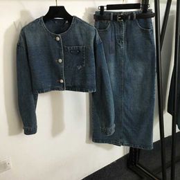 Two Piece Dress Designer New set of rhinestone button round neck long sleeved denim jacket+buttocks wrapped high waisted denim skirt with waistband P563