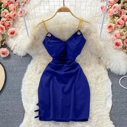 Casual Dresses Summer Korean Version Sexy Fashion Solid Colour Hollow Waist V-neck Suspender Dress Female High Tight A-line Skirt