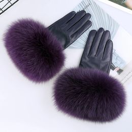 Sheepskin Natural Fox Fur Trimming Gloves Womens Genuine Leather Wrist Warmer Glove Winter Warm Fashion Mittens Fleece Lining240125