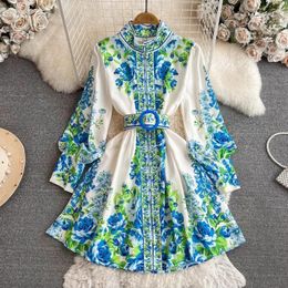 Casual Dresses Women Spring Summer 2024 Runway Fashion Flower Print Vintage Dress Stand Neck Long Lantern Sleeve Belted Mini 6562