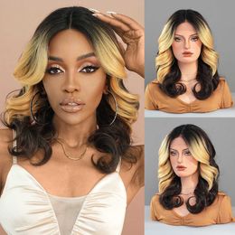 Black synthetic small t lace wig Lace Curly Wigs highlights golden split curly hair