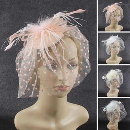 Berets Retro Mesh Dot Print Hat Women's Fascinator With Feather Headpiece For Brides Wedding Hair