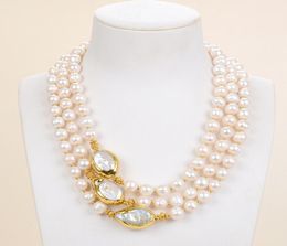 GuaiGuai Jewellery 3 Strands White Keshi Pearl Necklace Gold Plated For Women Real Gems Stone Lady Fashion Jewellery2178006