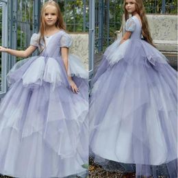 Girl Dresses Princess Flower For Wedding Beads Toddler Pageant Short Sleeves Birthday Ball Gowns Girls